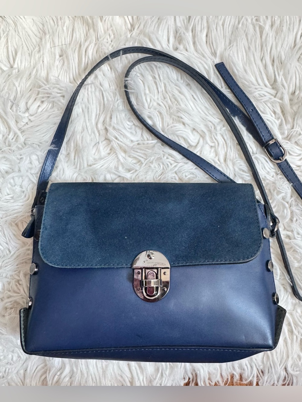 Vera Pelle Navy Suede-Trim Crossbody Bag